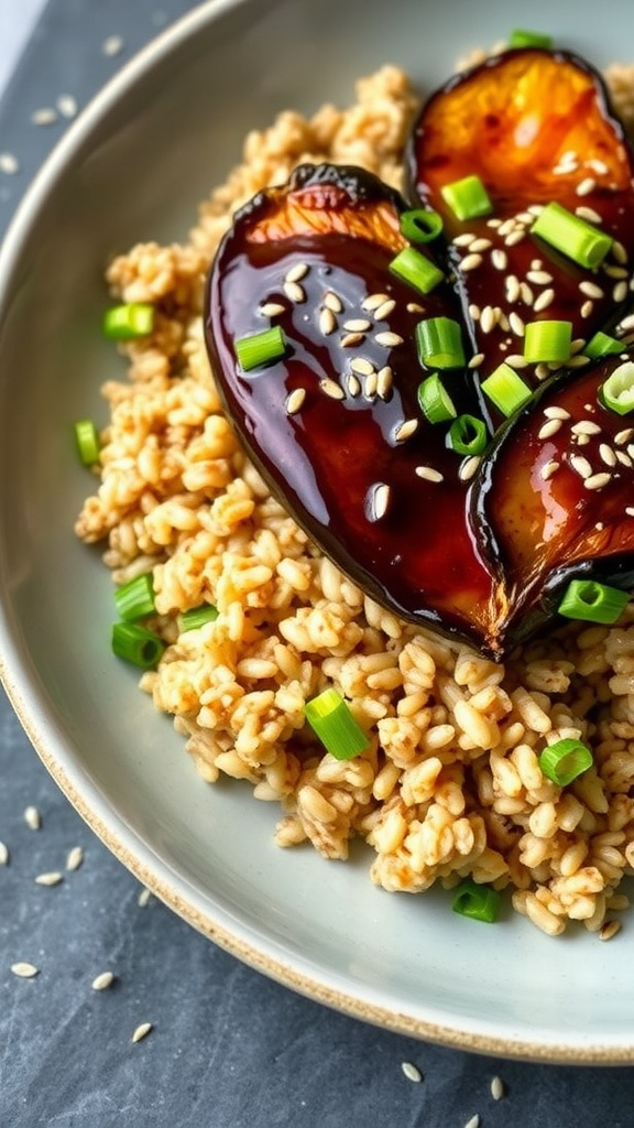 Miso-glazed eggplant on sesame brown rice, garnished with sesame seeds and green onions.